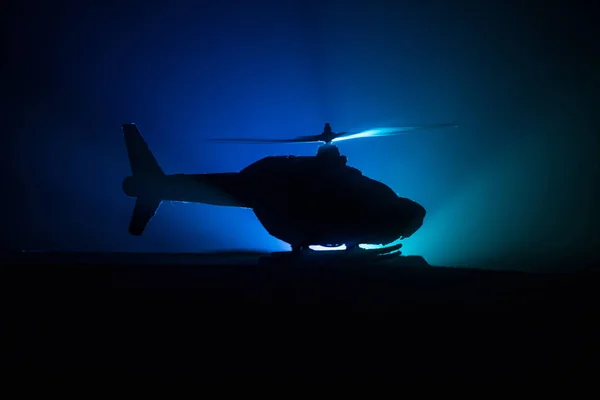 Silhouette Military Helicopter Ready Fly Conflict Zone Decorated Night Footage — Stock Photo, Image