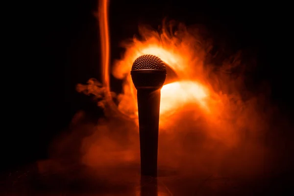 Microphone for sound, music, karaoke in audio studio or stage. Mic technology. Voice, concert entertainment background. Speech broadcast equipment. Live pop, rock musical performance