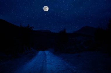 Dağ yolu ormandaki bir dolunay gecesi. Ülke yolun gece büyük moon ile doğal gece manzarası