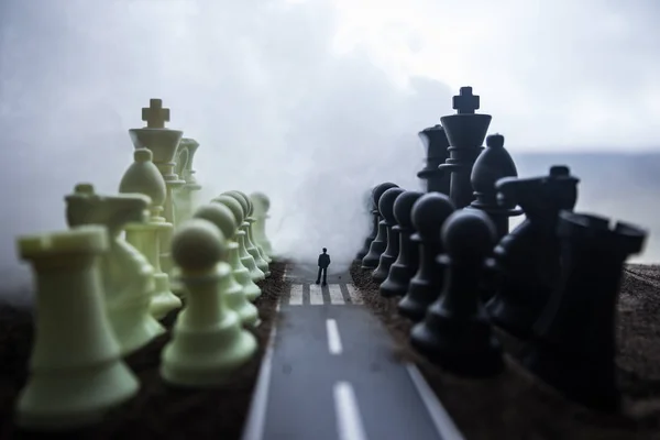 Chess Concept Business Strategy Ideas Silhouette Man Standing Middle Road — Stock Photo, Image