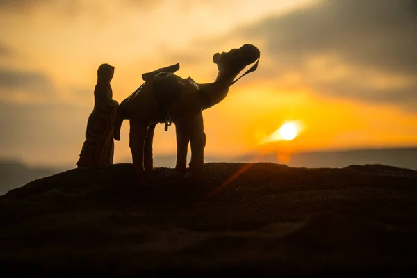 Kamelkarawane Bei Sonnenuntergang Durch Die Sanddünen Der Wüste Östliches Reisekonzept — Stockfoto