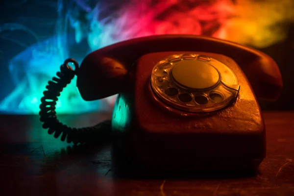 Old Black Telephone Old Wood Plank Art Dark Background Fog — Stock Photo, Image