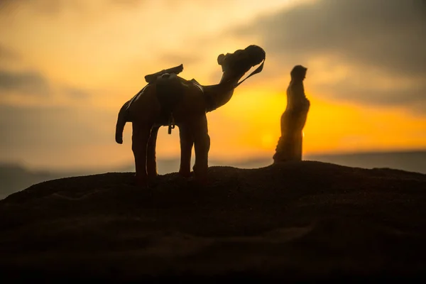 Верблюжий Караван Проходящий Через Песчаные Дюны Пустыне Закате Восточная Концепция — стоковое фото