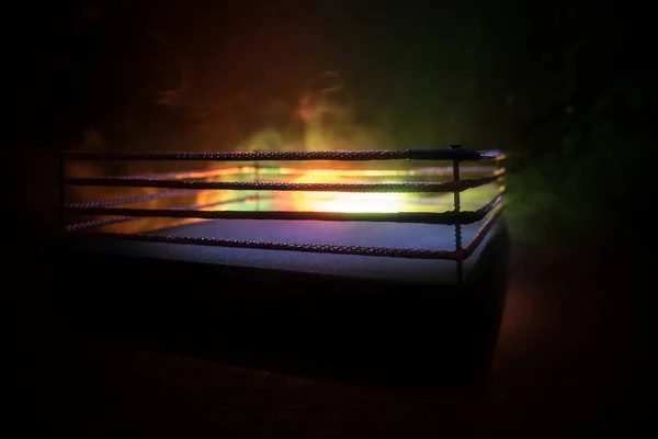 Empty boxing ring with red ropes for match in the stadium arena. Creative artwork decoration