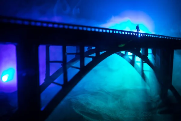 Artwork Decoration Silhouette Powerful Metallic Bridge Night Foggy Backlight Silhouette — Stock Photo, Image