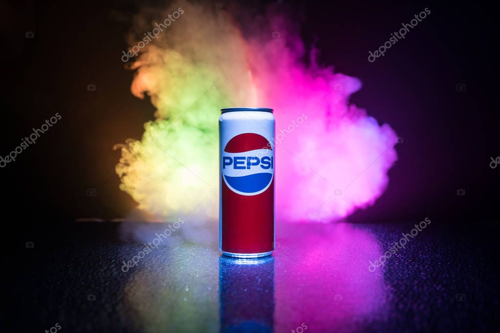 BAKU, AZERBAIJAN - APRIL 20,2019 : Pepsi can against dark toned foggy background. Pepsi is a carbonated soft drink produced by PepsiCo.
