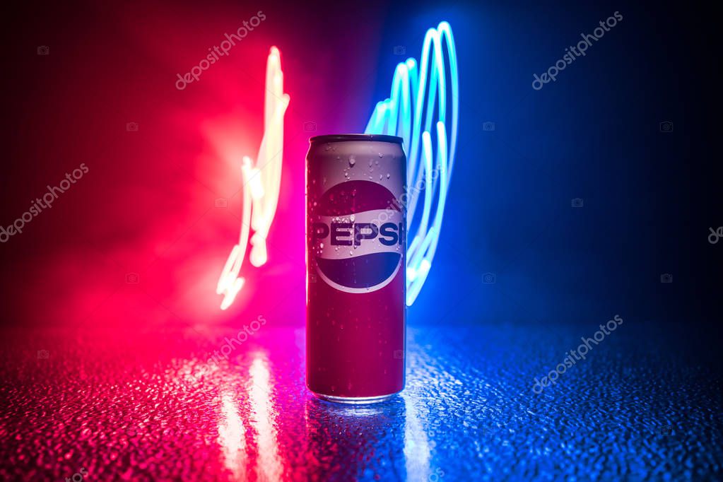 BAKU, AZERBAIJAN - APRIL 20,2019 : Pepsi can against dark toned foggy background. Pepsi is a carbonated soft drink produced by PepsiCo.