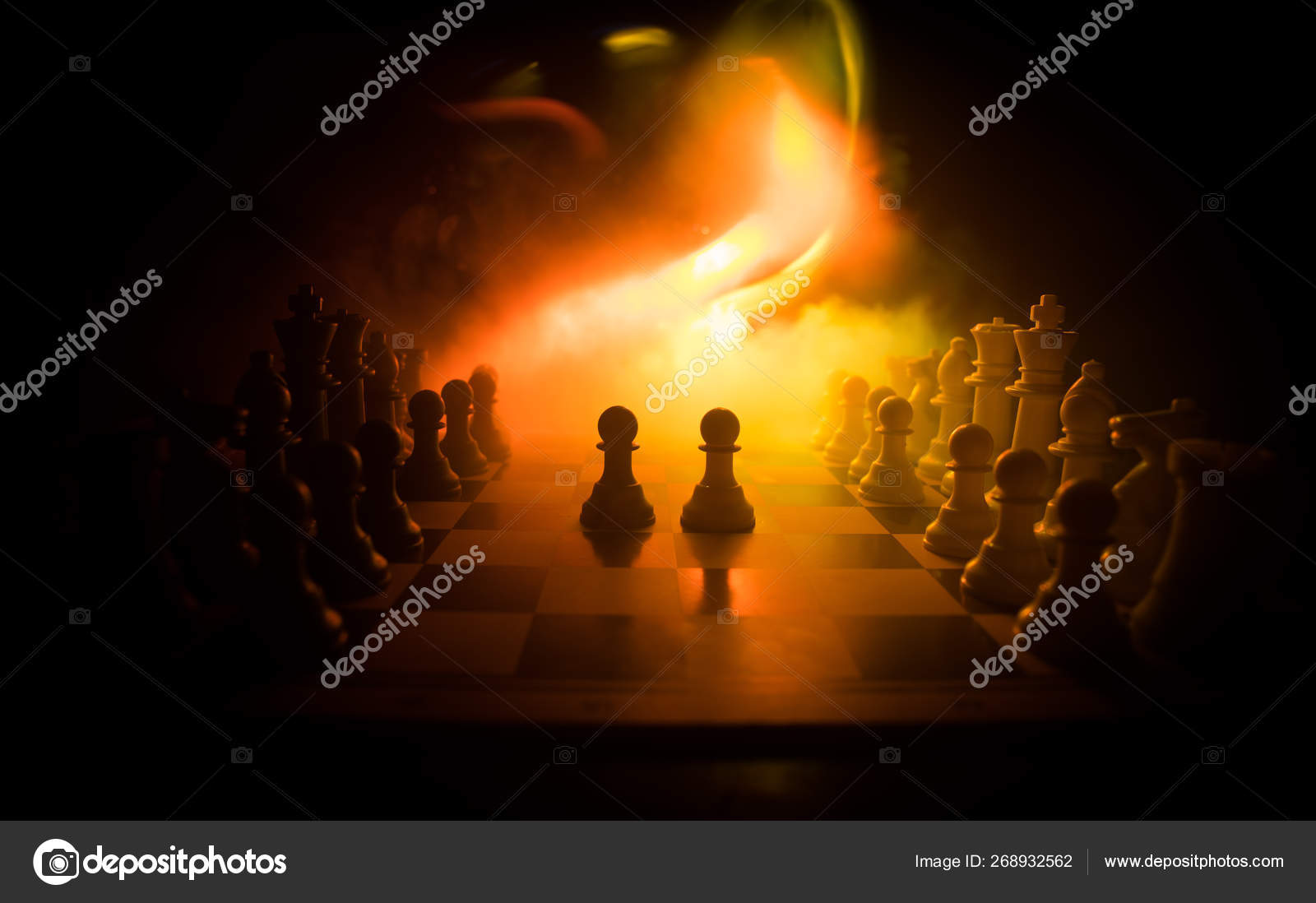 Chess Game Concept. Chess Board with Figures on Orange Background