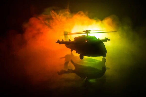 Silhouette Military Helicopter Ready Fly Conflict Zone Decorated Night Footage — Stock Photo, Image