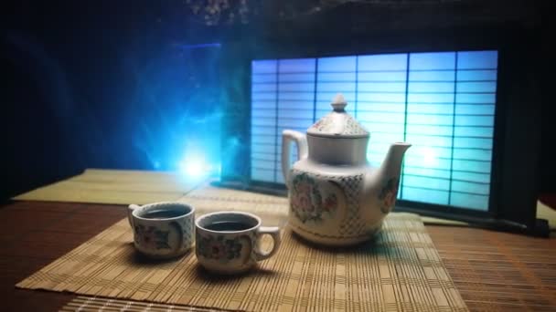 Konceptet Japanska Tea Ceremoni Kultur Östra Dryck Tekanna Och Koppar — Stockvideo