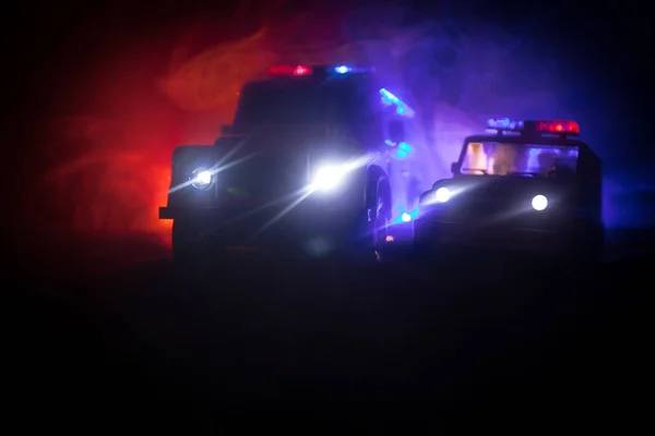 Police Cars Night Police Car Chasing Car Night Fog Background — Stock Photo, Image