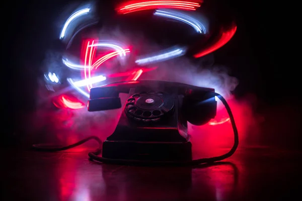 Old Black Telephone Old Wood Plank Art Dark Background Fog — Stock Photo, Image