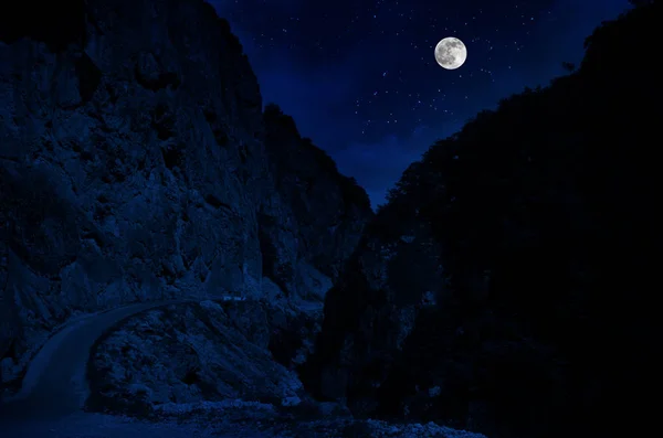 Górska droga przez las w nocy pełno księżyca. Malowniczy nocny krajobraz drogi wiejskiej w nocy z dużym Księżycem. Długie zdjęcie migawki — Zdjęcie stockowe