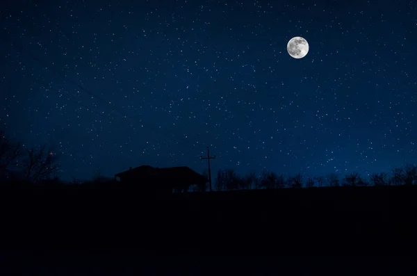 Old house with a Ghost in the forest at night or Abandoned Haunted Horror House in fog. Old mystic building in dead tree forest. Trees at night with moon. Surreal lights. — Stock Photo, Image