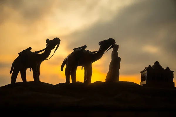 骆驼大篷车穿过撒哈拉沙漠的沙丘,马洛科。沙漠中的骆驼概念. — 图库照片