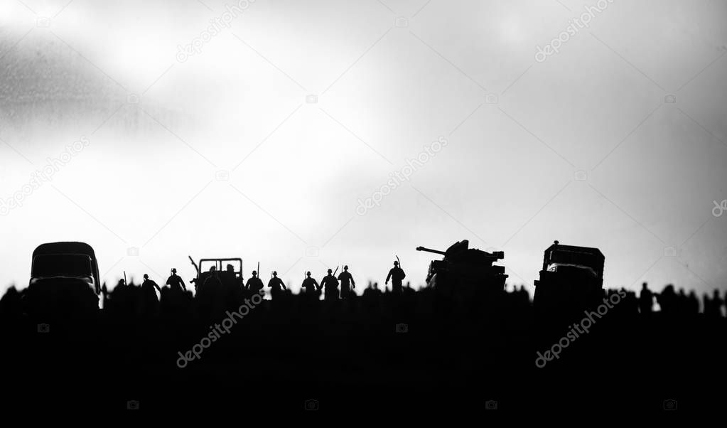 Captured by enemy concept. Military silhouettes and crowd on war fog sky background. World War Soldiers and armored vehicles movement while scared people watching. Artwork decoration.