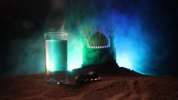 Acqua Datteri Iftar Pasto Serale Vista Della Decorazione Ramadan Kareem — Video Stock