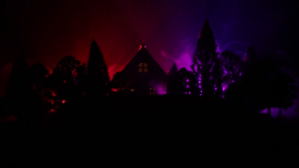 夜の森の中でゴーストや霧の中で放棄された幽霊ホラーハウスと古い家 枯れ木の森の古い神秘的な建物 月と夜の木々 超現実的なライト ホラーハロウィーンのコンセプト — ストック動画