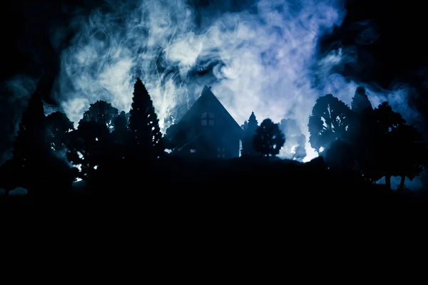 Oud huis met een geest in het bos bij nacht of verlaten Haunted Horror House in mist. Oude mystic gebouw in dode boom bos. Bomen bij nacht met maan. Surrealistisch lichten. — Stockfoto