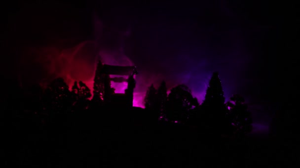 Geceleri Ormanda Ghost Ile Eski Sis Içinde Terk Haunted Horror — Stok video