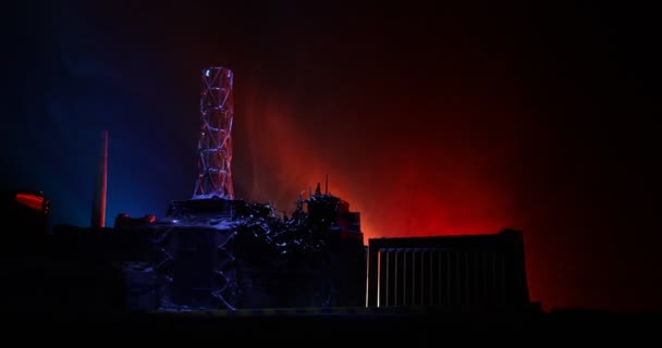 Kreativa Konstverk Dekoration Tjernobyls Kärnkraftverk Natten Planering Övergivet Kärnkraftverk Tjernobyl — Stockvideo