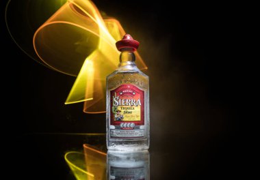Baku, Azerbaijan - JUNE 16. 2019. Bottle of Sierra Tequila, a brand of liquor belonging to the company Borco-Marken-Import from Hamburg, manufactured in Destiler�as Sierra Unidas clipart