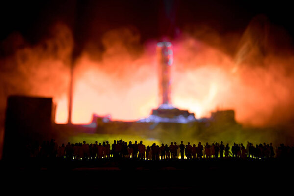 Creative artwork decoration. Chernobyl nuclear power plant at night. Layout of abandoned Chernobyl station after nuclear reactor explosion.