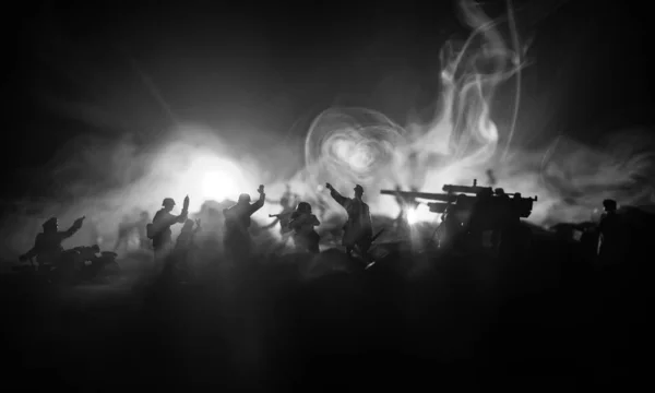 War Concept. Military silhouettes fighting scene on war fog sky background, — Stock Photo, Image