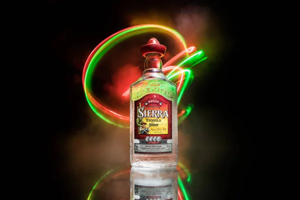 Baku, Azerbaijan - JUNE 16. 2019. Bottle of Sierra Tequila, a brand of liquor belonging to the company Borco-Marken-Import from Hamburg, manufactured in Destiler�as Sierra Unidas — Stock Photo, Image