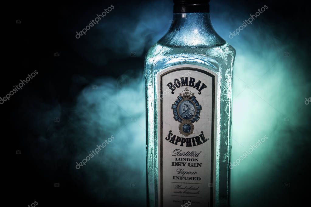 Baku, Azerbaijan - JUNE 16. 2019, Bottle of Bombay Sapphire, a brand of gin distributed by Bacardi. Introduced to the market in 1987 by International Distillers and Vintners.