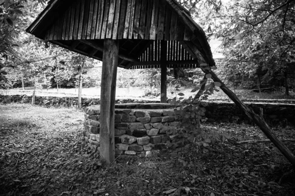 Abandoned well in the forest. Waiting for a terrible girl with a long hair. Halloween concept. Selective focus — Stock Photo, Image