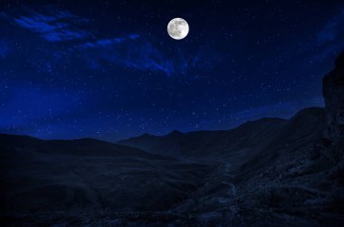 Dolunay gecesi ormanın içinden mountain road. Gece kırsal yol Manzara gece manzara