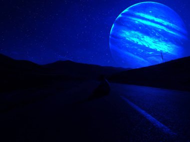 Fantezi gerçeküstü kavramı. Gece gökyüzünde dev gezegen ile gece ülke yol Manzara gece manzara.
