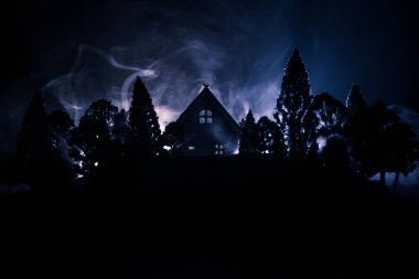 Eski ev gece ormanda bir hayalet veya siste perili korku evi terk etti. Ölü ağaç orman eski mistik binada. Ağaçlar moon ile gece. Gerçeküstü ışıklar.