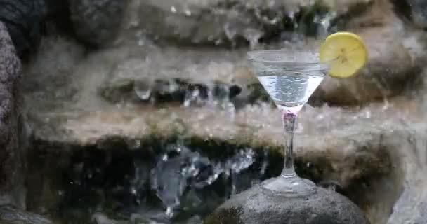 Close Footage Glass Cocktail Standing Poolside — Stock Video