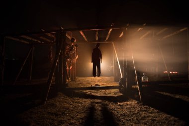 Korku görünümü (gece) akşam intihar dekorasyon ağaca asılmış bir kız. Ölüm cezası infaz veya intihar soyut fikir. Farklı arka plan dekorasyon