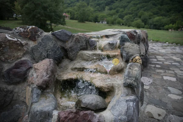 Okyanus ve palmiye ağacı arka plan ile yüzme havuzunda martini kokteyl cam. Bir bardak mavi martini kokteylhoş geldin içki barı. Seçici odak. sezon ve tatil konsepti. — Stok fotoğraf