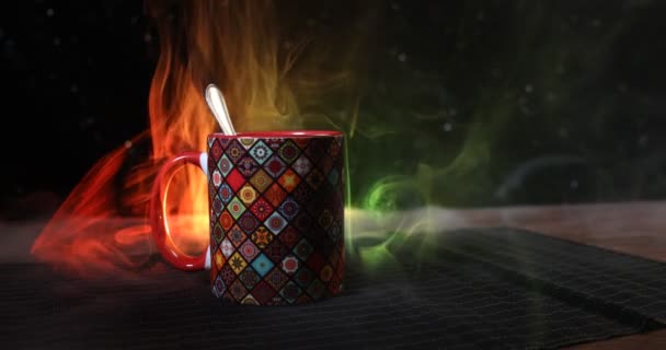 Beautiful eastern style textured ceramic cup of coffee (or tea) with smoke over dark toned background. — Stock Video