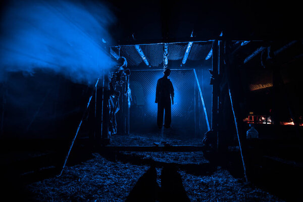 Horror view of hanged girl on tree at evening (at night) Suicide decoration. Death punishment executions or suicide abstract idea. Different background decoration