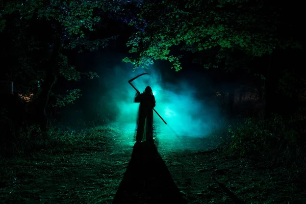 Muerte con una guadaña en el oscuro bosque brumoso. Mujer horror fantasma — Foto de Stock