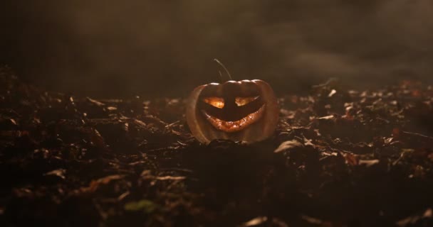 Halloween Jack-o-Lantern på höstlöv. Skrämmande Halloween pumpa tittar genom röken. Glödande, — Stockvideo