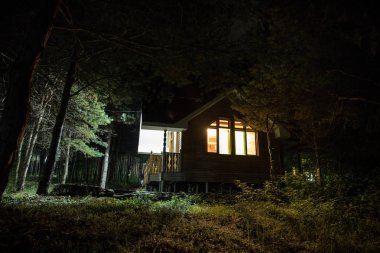 Geceleri ormanda bir hayaletin olduğu eski bir ev ya da sis içinde terk edilmiş bir korku evi. Ölü ağaç ormanındaki eski mistik bina. Geceleri aylı ağaçlar. Gerçeküstü ışıklar. Korku Cadılar Bayramı konsepti