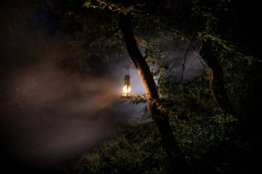 Korku Cadılar Bayramı konsepti. Geceleri ormanda eski yağ lambası yakmak. Kabus sahnesinin gece manzarası.
