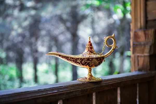 Antiguo artesanal Aladino noches árabes lámpara de aceite de estilo genio en el bosque. Lámpara de deseos concepto de fantasía — Foto de Stock