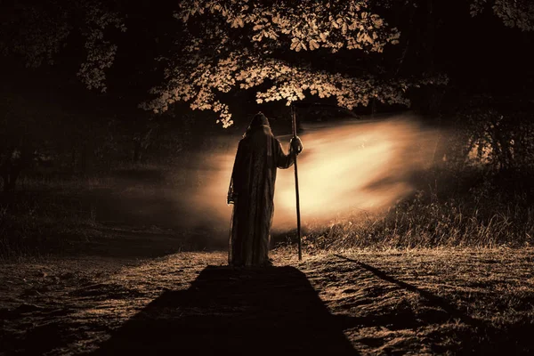 Halál egy Kasza a sötétben ködös erdőben. Nő horror szellem — Stock Fotó