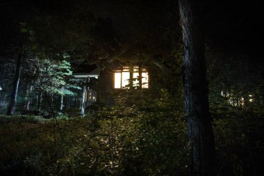 Geceleri ormanda bir hayaletin olduğu eski bir ev ya da sis içinde terk edilmiş bir korku evi. Ölü ağaç ormanındaki eski mistik bina. Geceleri aylı ağaçlar. Gerçeküstü ışıklar. Korku Cadılar Bayramı konsepti