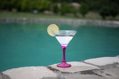 Okyanus ve palmiye ağacı arka plan ile yüzme havuzunda martini kokteyl cam. Bir bardak mavi martini kokteylhoş geldin içki barı. Seçici odak. sezon ve tatil konsepti.