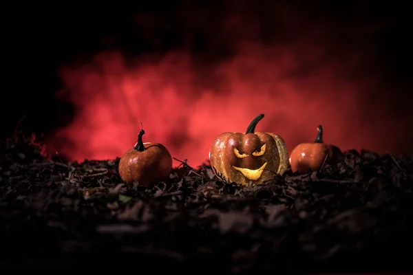 Halloween jack-o-lantern on autumn leaves. Scary Halloween Pumpkin looking through the smoke. Glowing, — Stock Photo, Image