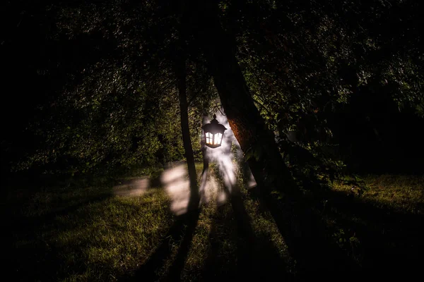 Horreur concept Halloween. Brûler une vieille lampe à huile dans la forêt la nuit. Paysage nocturne d'une scène de cauchemar . — Photo