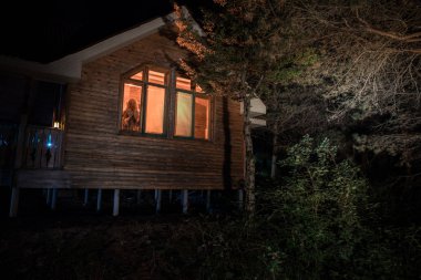 Geceleri ormanda bir hayaletin olduğu eski bir ev ya da sis içinde terk edilmiş bir korku evi. Ölü ağaç ormanındaki eski mistik bina. Geceleri aylı ağaçlar. Gerçeküstü ışıklar. Korku Cadılar Bayramı konsepti